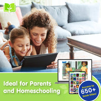Woman and child using a tablet with educational content displayed, ideal for parents and homeschooling.