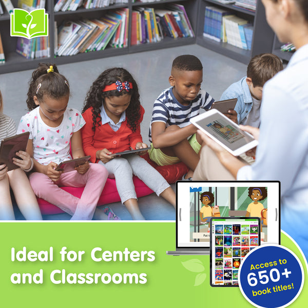 Children using tablets with a teacher in a classroom setting, promoting educational software with text 'Ideal for Centers and Classrooms' and 'Access to 650+ book titles!'.