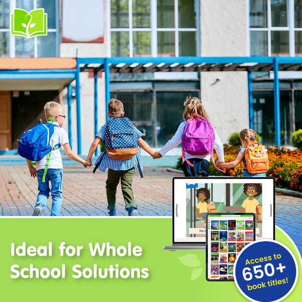 Children holding hands in front of a school building with educational content displayed on screens.