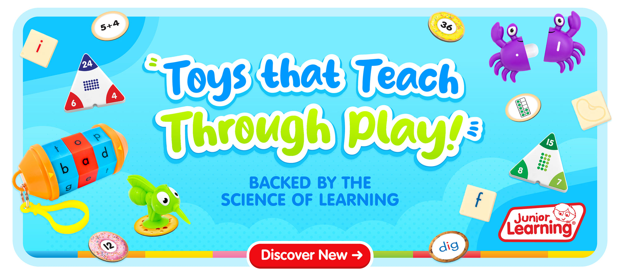 Promotional banner for 'Toys that Teach Through Play' by Junior Learning with NEW educational toys and text on a blue background.