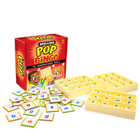 Spelling Pop Bingo game set with red box on a white background
