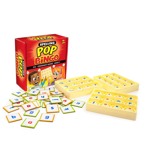 Spelling Pop Bingo game set with red box on a white background