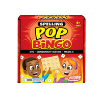 Spelling Pop Bingo game box with colorful design and text on a white background