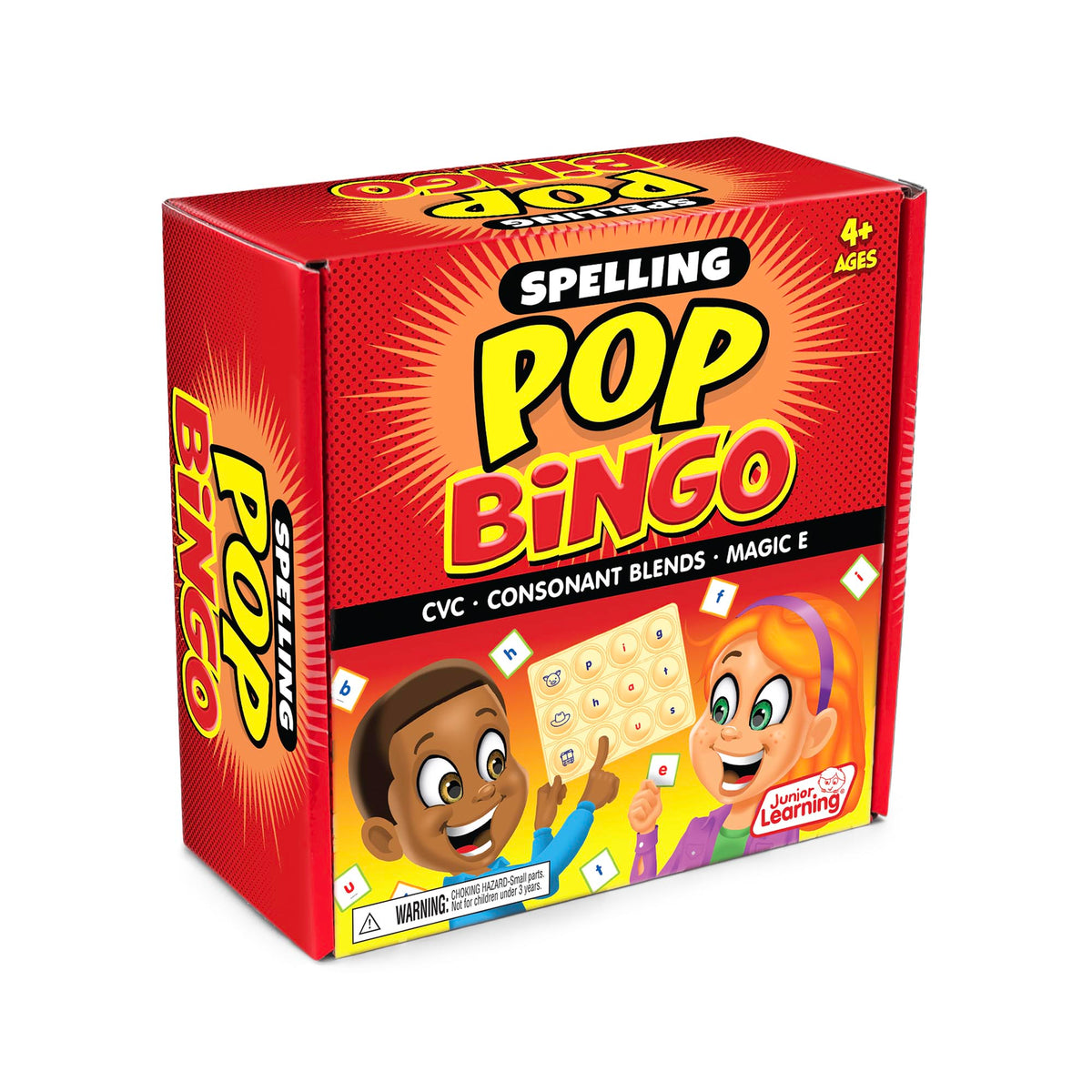 Spelling Pop Bingo game box with colorful design and children on a white background