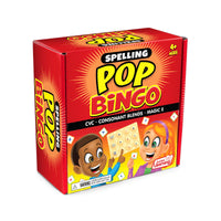Spelling Pop Bingo game box with colorful design and children on a white background