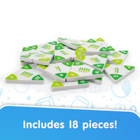 Set of game pieces with green and white designs on a light blue background