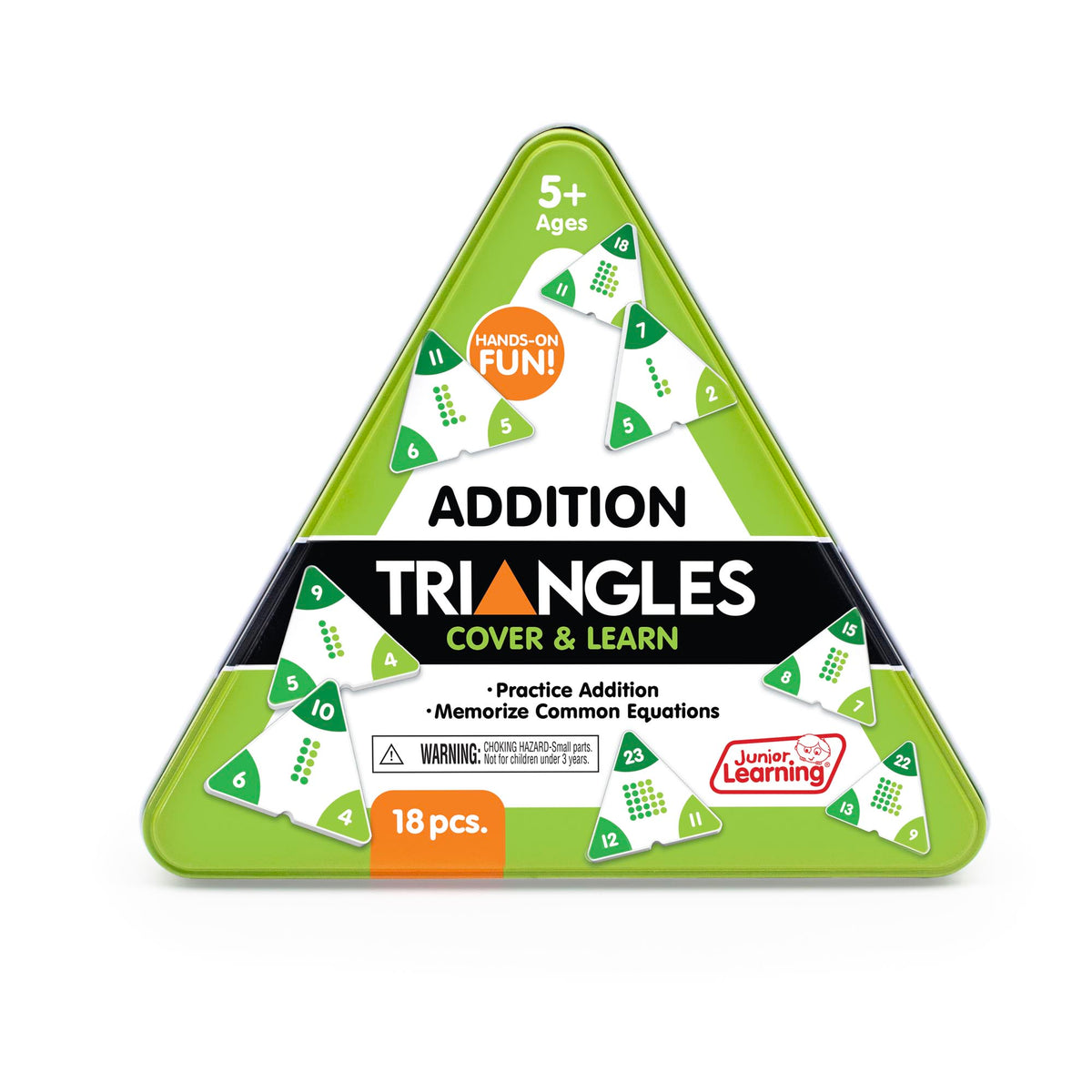 Triangular packaging of Addition Triangles educational game with green and white design.
