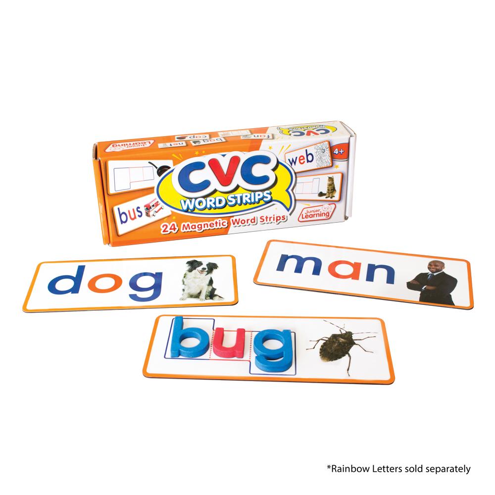 Junior Learning JL198 CVC Word Stips packaging, pieces and rainbow letters faced front