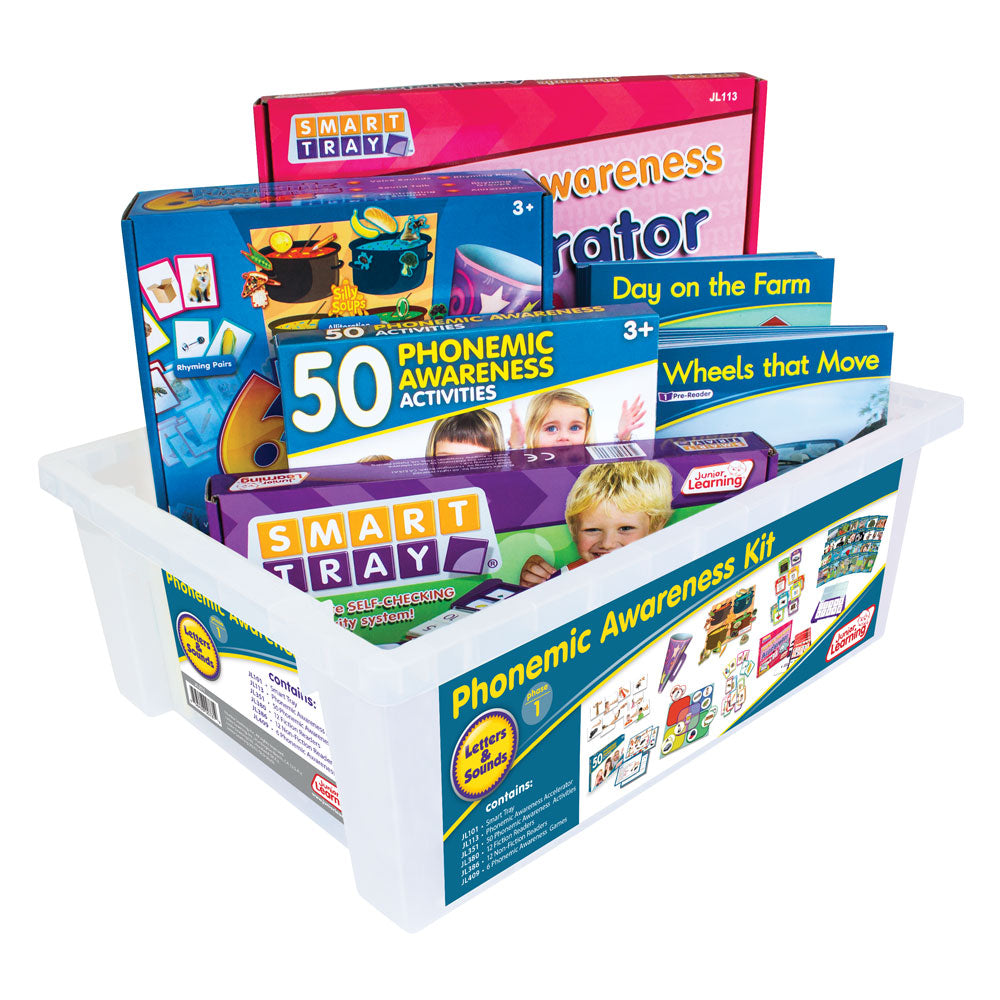 Junior Learning JL271 Letters and Sounds Phase 1 Phonemic Awareness packaging and content angled right