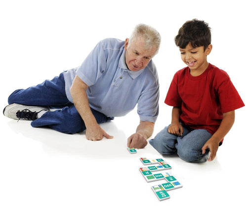 dad and kid playing with Junior Learning JL489 Place Value Dominoes