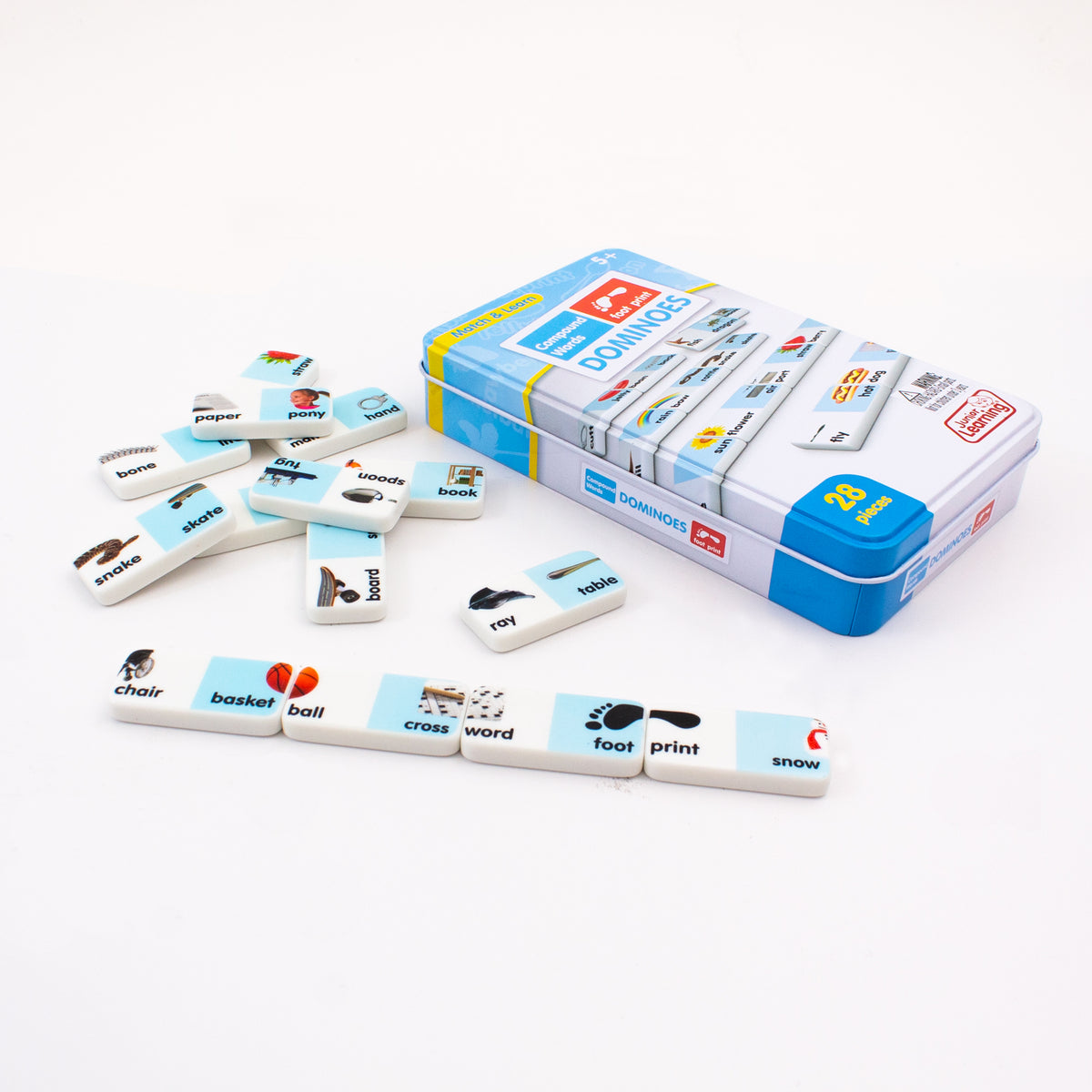 Junior Learning JL668 Compound Words Dominoes  tin and pieces angled flat