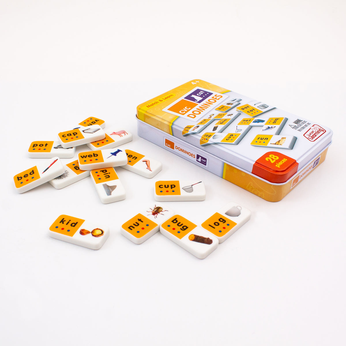 Junior Learning JL669 CVC Dominoes tin and pieces angled flat 