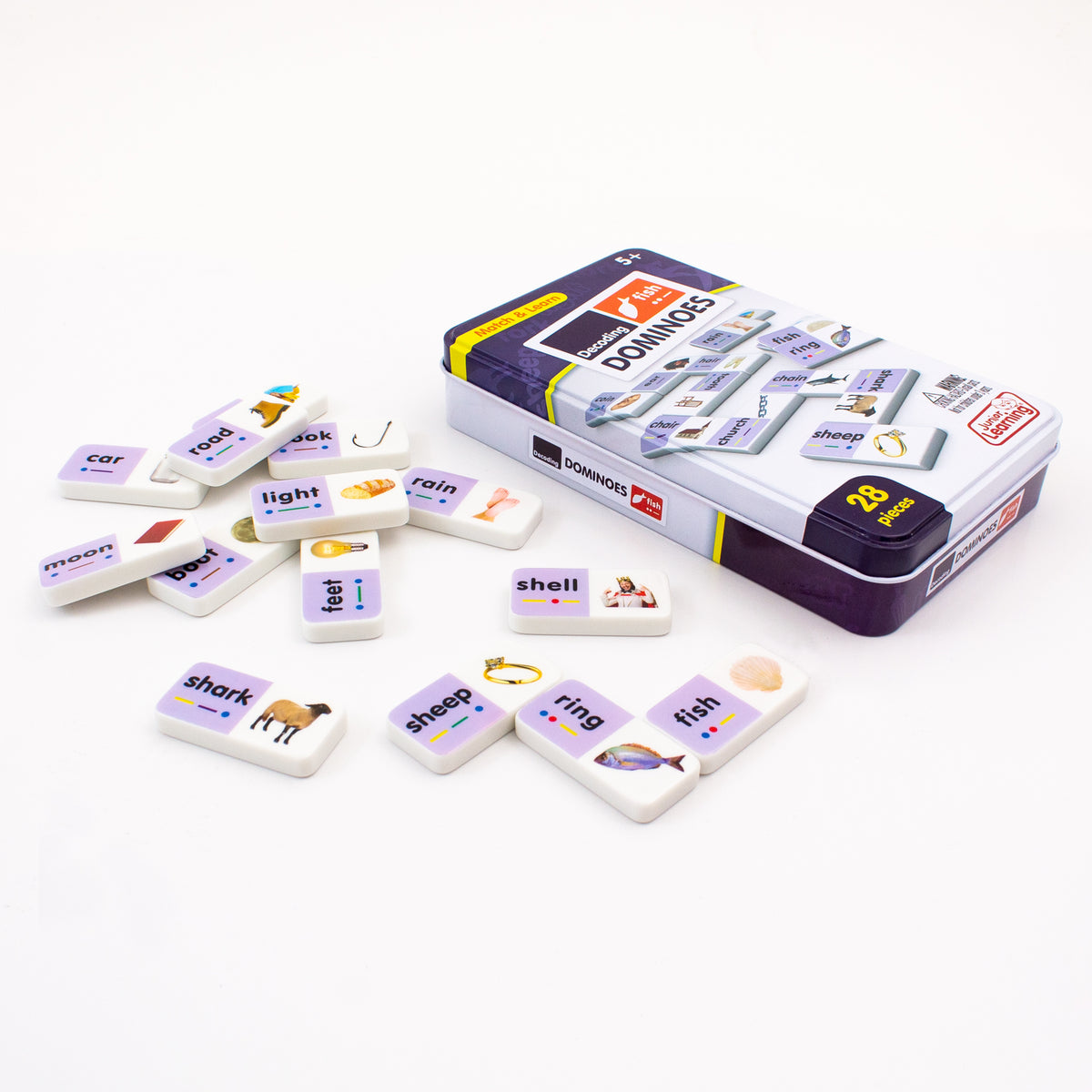 Junior Learning JL670 Decoding Dominoes tin and pieces angled flat