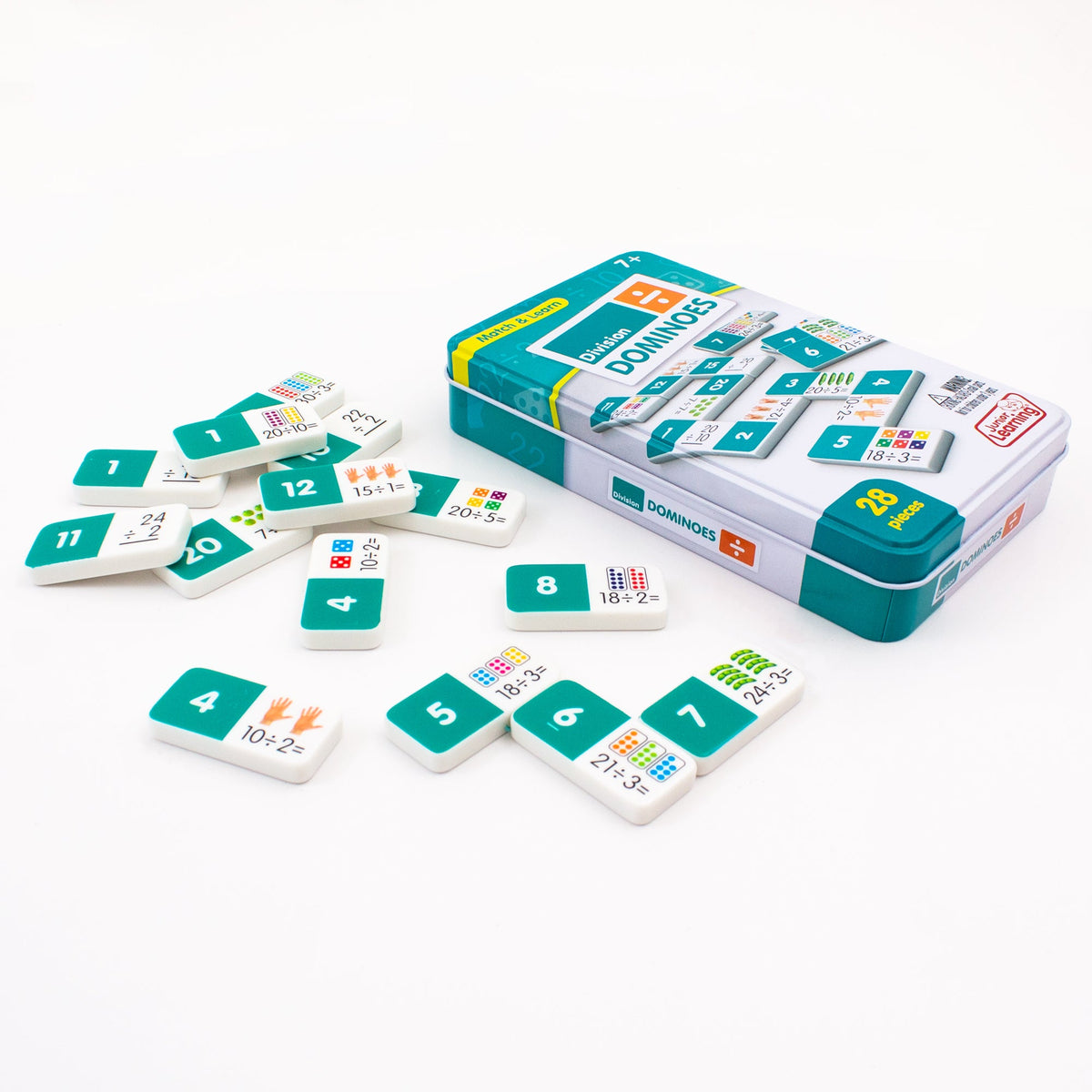 Junior Learning JL671 Division Dominoes tin and pieces angled flat
